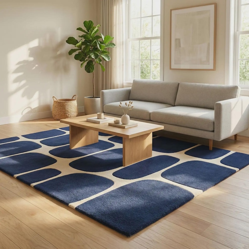 Marineblauw abstract vloerkleed, modern geometrisch vloerkleed voor woonkamer Blue