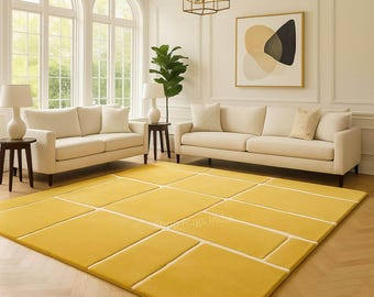 Hand-Tufted Wool Geometric Rug, Modern Yellow Square Tile Design