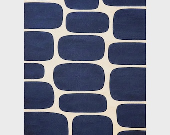 Navy Blue Abstract Area Rug, Modern Geometric Rug for Living Room