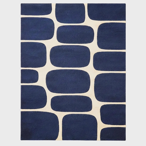 Navy Blue Abstract Area Rug, Modern Geometric Rug for Living Room
