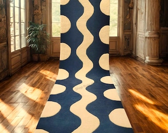 Blue Beige Abstract Wool Runner Rug, Hand Tufted Modern Hallway Carpet, Wavy Geometric Long Runner