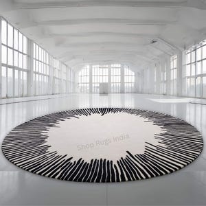 Hand Tufted Round Rug Soft Wool Floor Rug for Living Room Bedroom Rugs 5x5 Round Area Rug Home Decor Circle Rug Black and White Sunburst Rug