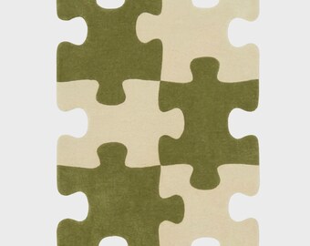 Olive Green Ivory Puzzle Piece Wool Rug – Hand Tufted Irregular Geometric Area Rug