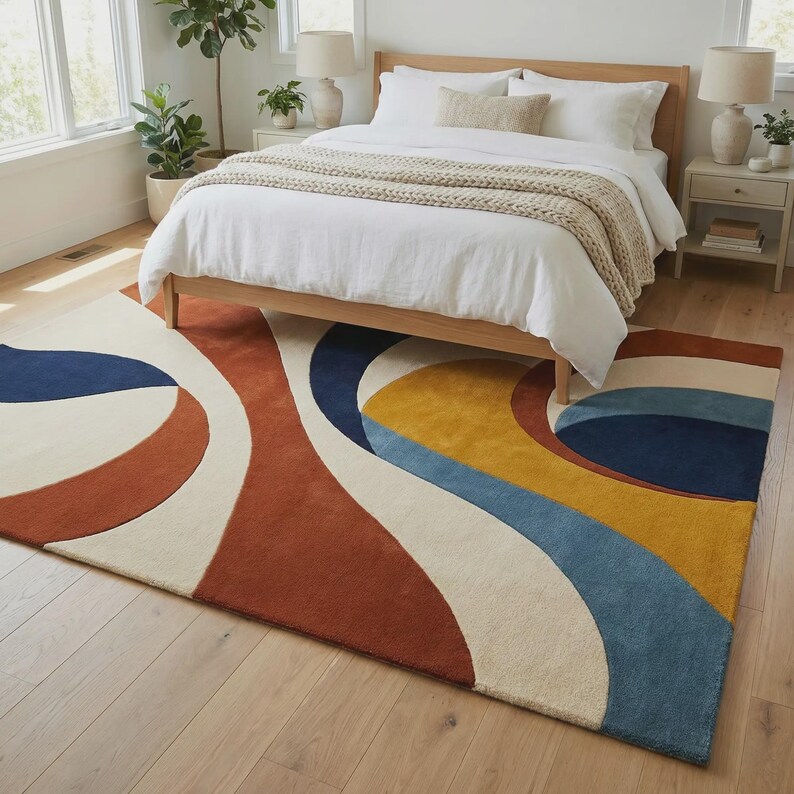 May include: A rectangular area rug featuring a large-scale abstract pattern with curved, flowing shapes in shades of terracotta, mustard yellow, navy blue, light blue, and cream, covering the floor beneath a wooden bed frame.
