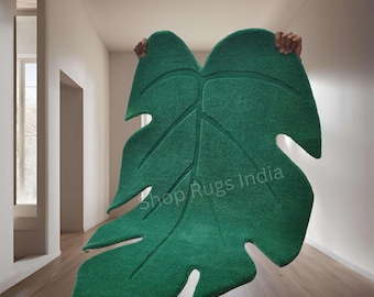 Hand-Tufted Wool Leaf Rug, Emerald Green Irregular Carpet