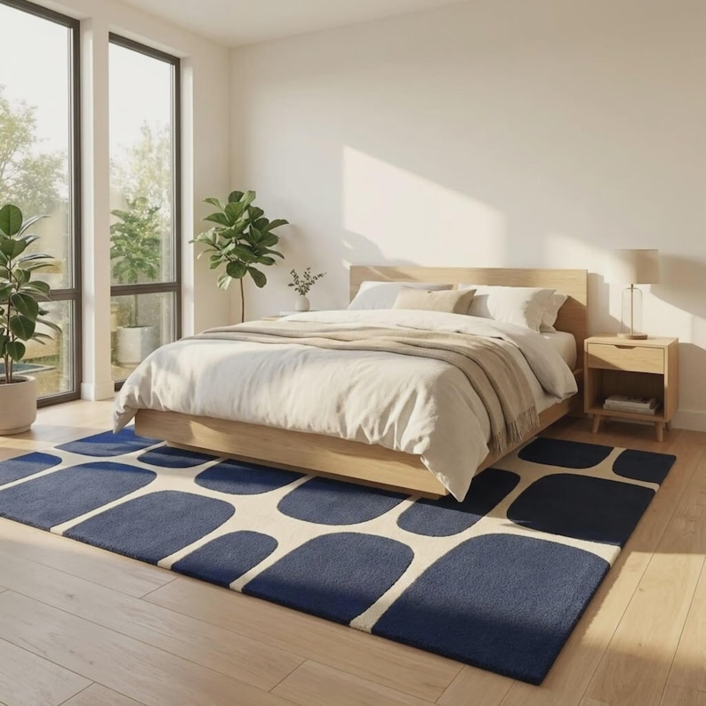 Marineblauw abstract vloerkleed, modern geometrisch vloerkleed voor woonkamer afbeelding 3
