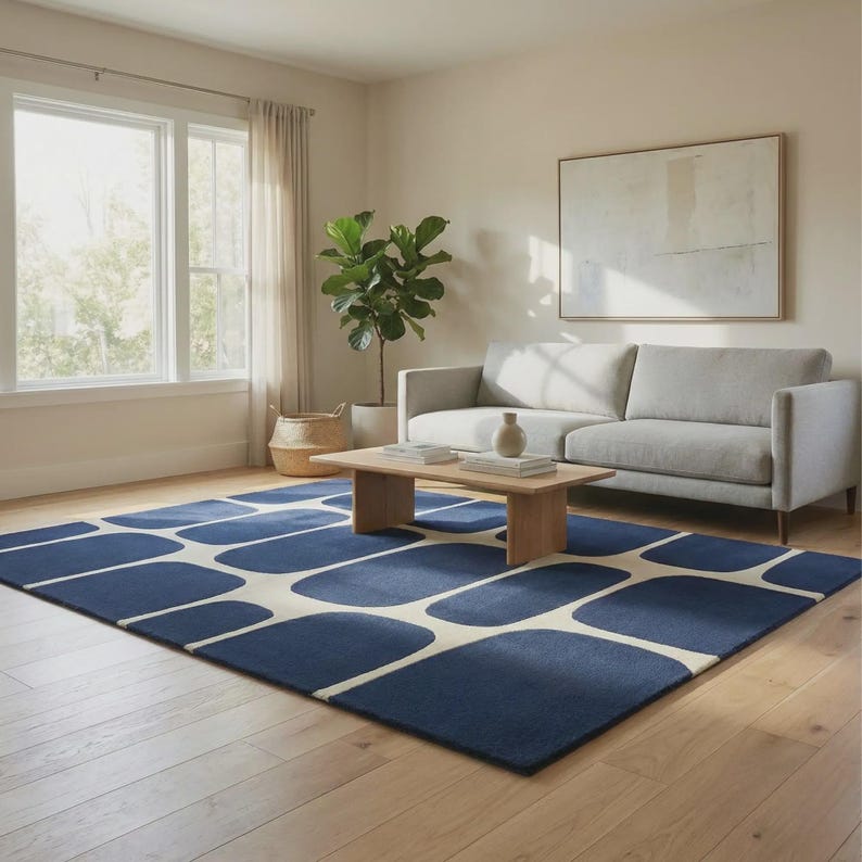 Marineblauw abstract vloerkleed, modern geometrisch vloerkleed voor woonkamer afbeelding 5