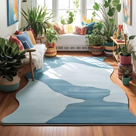 Hand Tufted Irregular Shape Rug for Living Room Bedroom Dining Dual Tone Blue Rug Abstract 100% Wool Rug for Home Decor Scalloped Edge 8x10