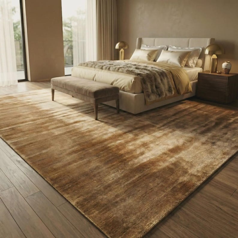 Handwoven Bronze Silk Area Rug - Solid Minimalist Scandinavian Carpet 8x10 image 3