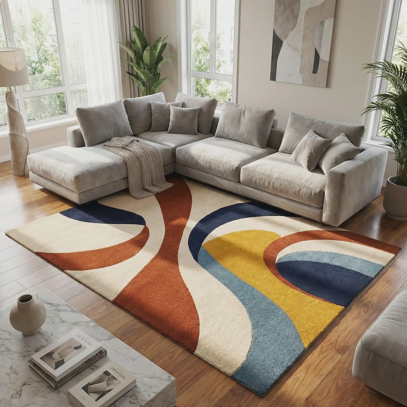 A colorful hand tufted abstract rug placed in a modern living room with light gray color sofa. the rug color is yellow, beige, blue and terracotta. the rug is placed on a wooden flooring. the rug size is 8x10 perspective to the room size.