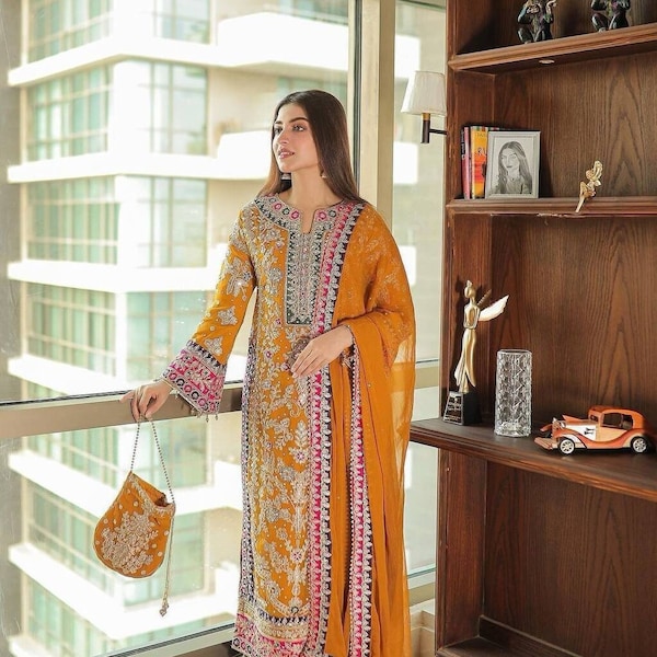 Designer Pakistani Readymade Salwar Kameez with Dupatta se,Beautiful Partywear Georgette 3 PC Women Ethnic Wedding Dresses,Kurta palazzo set