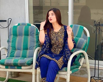 Traditional salwar set Pakistani Designer Readymade Georgette Salwar Kameez with Dupatta set,Heavy Georgette Blue palazzo Suit for Women