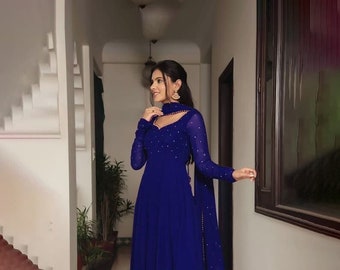 Teal Anarkali jurk voor vrouw, etnische Indiase kant-en-klare feestkleding (gratis maatwerk), lange Pakistaanse jurk, uitlopende digitaal bedrukte outfit
