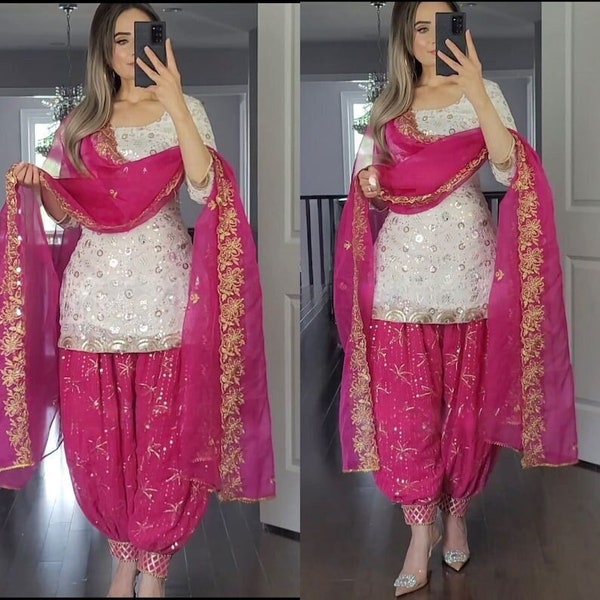 Rosa Punjabi Dhoti Salwar Kameez mit schweren Stickereien für Frauen, bereit, genähte Salwar Anzug, indische Hochzeitsanzüge, Kleider tragen