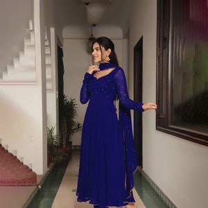 Robe anarkali bleu canard pour femme, tenue de soirée ethnique indienne ready-made (personnalisation gratuite), longue robe pakistanaise, tenue évasée à impression numérique