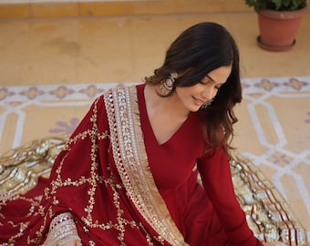 Premium Ethnic Wear For Women Handmade Red Anarkali Readymade Embroidered Dress For Wedding, Pakistani Flared Red Anarkali Salwar Kameez