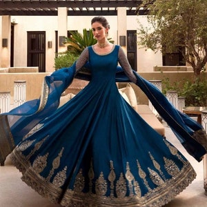 Designer Charming Blue Designer Full Flair Gown With Dupatta With Heavy Embroidery, Bridesmaid Dress,Partywear Designer Gown, Readymade Gown