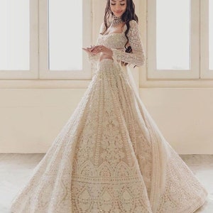 White Sequin Lehenga Choli For Women USA, Wedding, Reception, Function Wear Soft Net Embroidery Fabric With CanCan, Designer Readymade Dress