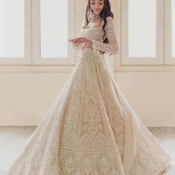 Lehenga Choli à paillettes blanches pour femme États-Unis, mariage, réception, tenue fonctionnelle, tissu de broderie net doux avec CanCan, robe de créateur prête à l'emploi