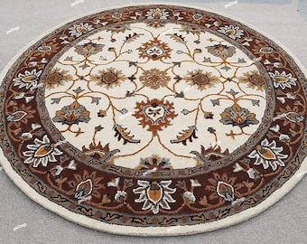 Hand-Tufted Wool Round Rug, Floral Ivory Carpet