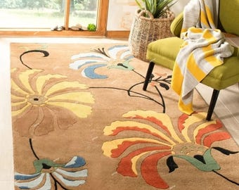 Beige Floral Wool Rug, Hand Tufted, Modern Area Rug