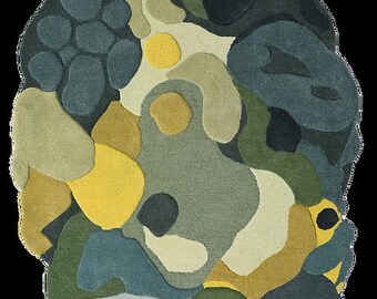 May include: Abstract area rug with a green, blue, yellow, and beige color scheme. The rug has a unique, organic shape and features a variety of abstract shapes and patterns.