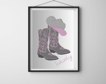 Cowgirl wall art, cowgirl boots and hat, grey and pink art, pink and grey cowgirl wall art, coastal cowgirl wall art,instant download art