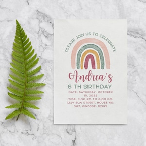 Invitation Template Fun Girls Birthday  Rainbow Birthday Invitation for Girls  Gold Stars Modern Boho Rainbow  Editable Printable Download,