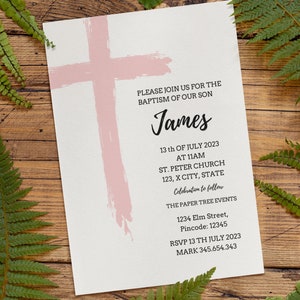 Baptism invite, Modern Baptism Invitation, Christening Invitation Template, pink Christening Invite Template, pink Cross baptism invite.