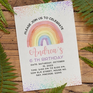 Rainbow Birthday Invitation for Girls invite Gold Stars Modern Rainbow Fun Girls Birthday Invitation Template Editable Printable Download,