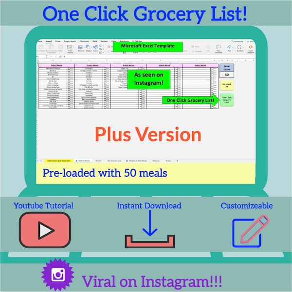 One Click Grocery List Excel Template - Plus. As seen on Instagram.