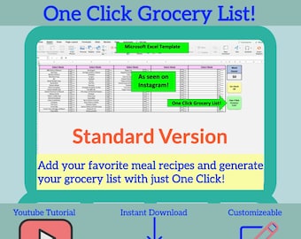 One Click Grocery List Excel Template Plus as Seen on Instagram Etsy