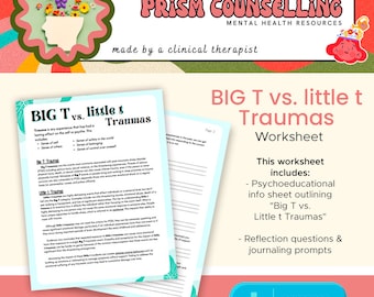 Puede incluir: Una hoja de trabajo titulada "BIG T vs. little t Traumas" con un fondo colorido y un botón de descarga. La hoja de trabajo está diseñada para ayudar a las personas a comprender la diferencia entre los grandes traumas y los pequeños traumas.