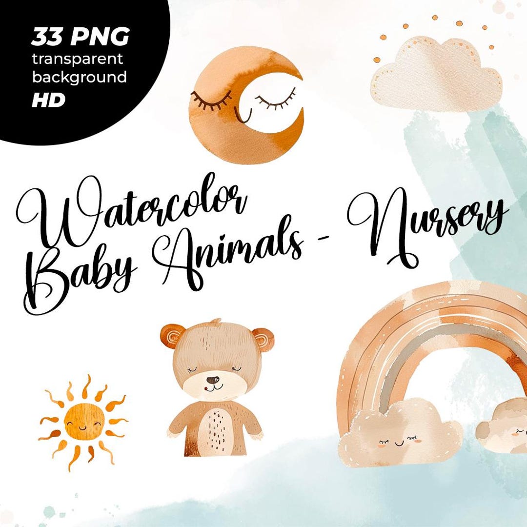 Boho Neutral Nursery Clipart Bundle – Watercolor Baby Animals PNG ...