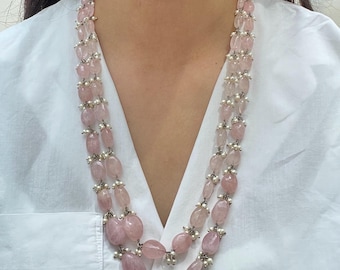 Pink Stone Necklace | 925 Sterling Silver Indian Heritage Necklace, Handcrafted Bridal Jewellery, 101.69g