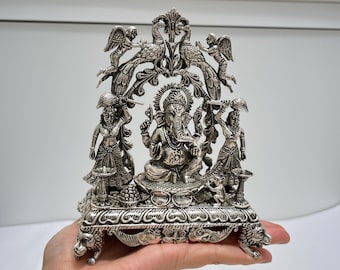 Ganesha Idol | 925 Sterling Silver Hindu Murti, Handcrafted Indian Home Mandir Statue, 785.65g