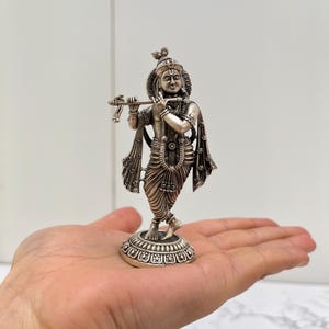 925 Sterling Silver Krishna Idol with Flute, Murti for Janmashtami, Hindu God Statue for Pooja Mandir, Krishna Figurine for Home Decor
