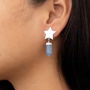 Sterling Silver Star Drop Earrings: Blue Chalcedony Celestial Jewelry