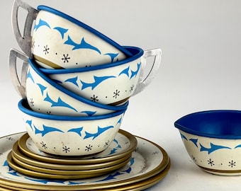 Vintage Ohio Art Tin Tea Set Mid Century Litho Toy Floral Starburst Blue White