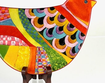 Vibrant UNICEF Folk Art Bird Ceramic Spoon Rest | Early 2000s Modern Nostalgia