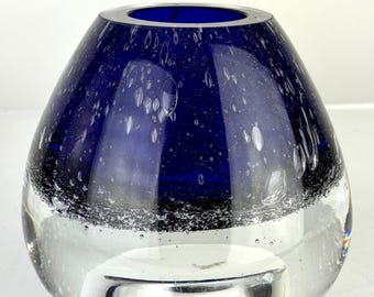 Vintage midden van de eeuw kobaltblauw gecontroleerde bellenkunst glas votiefhouder jaren 1960 bullicante-stijl kaarskop