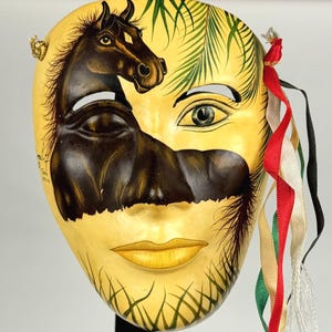 Vintage Tonalá mexikanische Keramik Wandmaske | Signiertes, handgemaltes Pferd & Frauengesicht | Polierte Volkskunst | Surrealistische Galeriedekoration