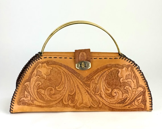 1960's Hand-Tooled Leather Purse with Brass Handle – Western Floral Unique, Rare