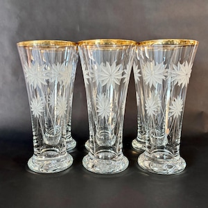 Etched Floral Pilsner Glasses with Gold Rim - Set of 6 - Mid Century Vintage Barware