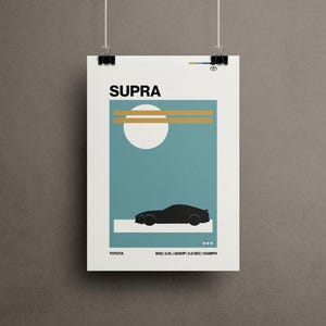Könnte beinhalten: Ein Poster mit einer schwarzen Silhouette eines Sportwagens, dem Wort "SUPRA", einem weißen Kreis, goldenen Linien und einem türkisfarbenen Hintergrund. Das Poster wird von schwarzen Clips gehalten. Maße in metrischen Einheiten.
