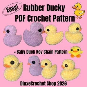May include: A pink background features a crochet pattern for rubber duckies. The text reads "Easy! Rubber Ducky PDF Crochet Pattern" and "+ Baby Duck Key Chain Pattern." The image shows several crocheted ducks in yellow and purple.