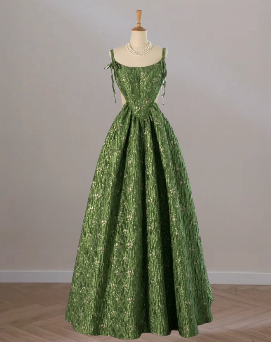 Green Halter Floral Prom Gown Vintage Party Dress Evening Dress cc1490