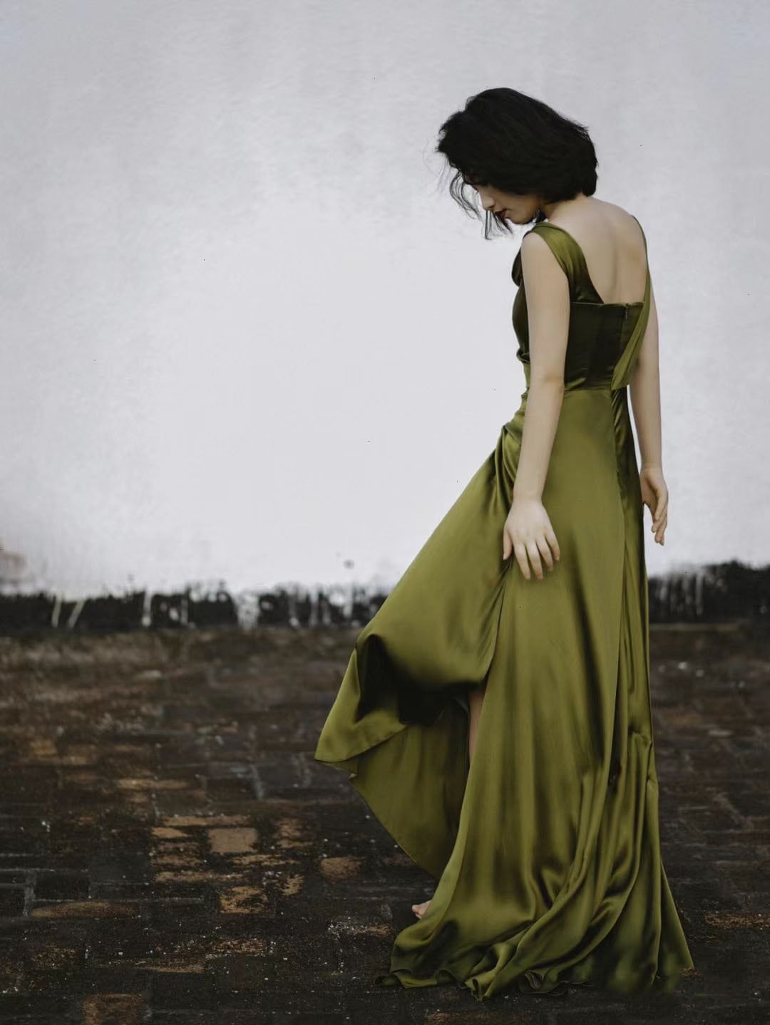 gish green romance floral print tie neck silk dress