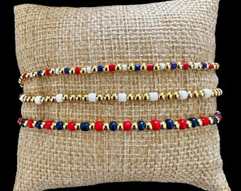 Red White Blue USA Beaded Bracelet Stack: 18k Gold or Silver
