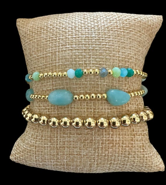 3 PC Amazonite Gemstone Gold Filled Bracelet Stack